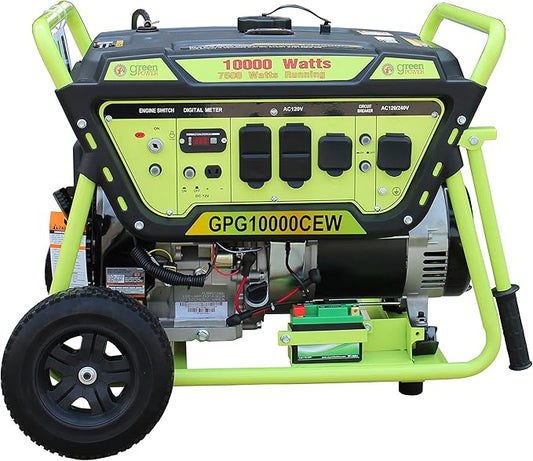 Green-Power America 10000 Watt Home Backup Portable Electrical Start Gasoline Generator, with Wheel and Handles, 12V/8.3A Charging Outlets, EPA and CARB Approved