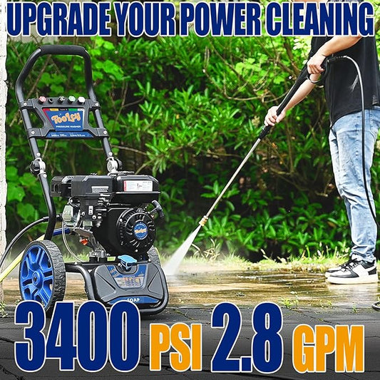 TOOLCY 3400 PSI & 2.8 GPM Gas Powered Pressure Washer with Onboard Soap Tank, Power Washer for Cleaning Cars Homes Patios Fences Driveways, Spray Gun, 5 Nozzles