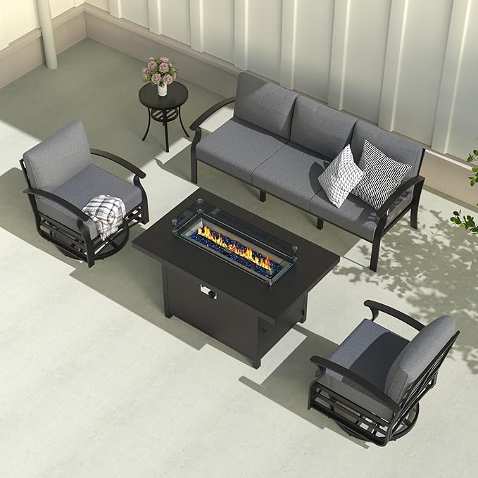 Aluminum Patio Furniture Set with Fire Pit Table, 5 Seats Outdoor Patio Conversation Set with Swivel Chair Modern Metal Patio Sectional Sofa with Upgrade Cushions for Patio, Backyard Grey