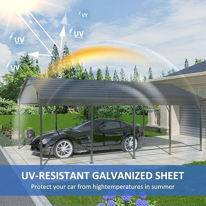 12x20FT Metal Carport, Carports with Reinforced Frame and Enhanced Base, Heavy Duty Carport Canopy for Car, Boats, Tractors, Trucks or Party, Dark Gray