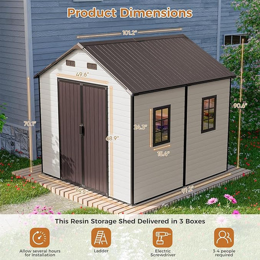 CDCASA Outdoor Storage Shed 8x8 FT, Waterproof Resin Garden Sheds Plastic Patio Outdoor Outside Storage with Floor, Adjustable Openable Windows, Lockable Door for Tool, Bike, Garbage Can