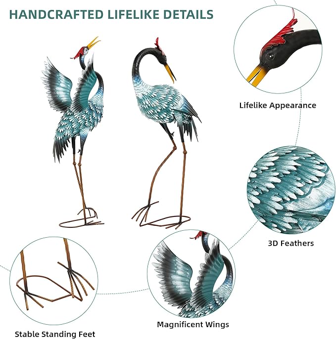 Ultym 36.8" Metal Crane Garden Statue, Handcrafted Extra-Large Blue Heron Decor Sculptures with Stable U-Ground Stakes, Backyard Decoration, Metal Garden Bird Animal Yard Art, Lawn Ornament Decor