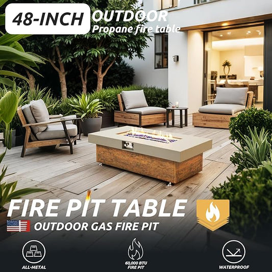 48" Propane Fire Pit,Outdoor Gas Fire Pit Table with Rain Cover,Rectangular Heater for Patio, Backyard, Deck,50,000BTU Outdoor Modern Patio Fire Pit. (Retro Wood, 48" x 23.6")