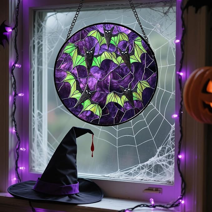 CRISGIF Stained Glass Window Hanging - Halloween Decorations Black Bat with Green Wings Suncatcher for Doors Garden Indoor Spooky Sun Catchers Gothic Decor Horror Gifts for Women Men Friend 9.8 in