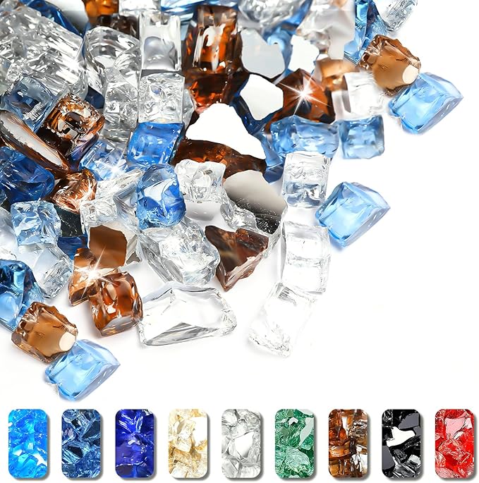 GRISUN 20 Pounds Fire Glass Mixed Color for Fire Pit - 1/2 Inch Reflective Tempered Glass Rocks for Natural or Propane Fireplace, Safe for Outdoors and Indoors, Pacific Blue, Copper, Ultra White