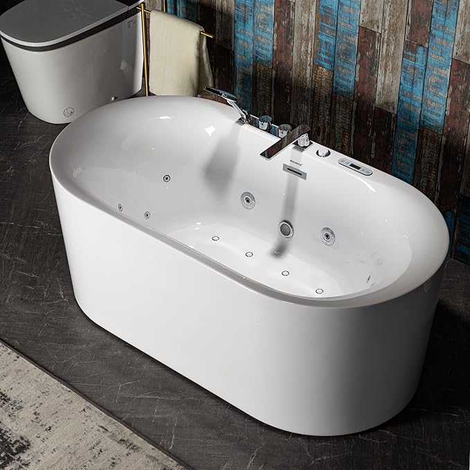 WOODBRIDGE 59" x 31-1/2" Whirlpool Water Jetted and Air Bubble Freestanding Heated Soaking Combination Bathtub with Faucet,BJ-100+F0041