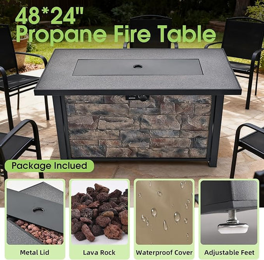48" Propane Gas Fire Pit Table，Metal Tabletop & Polyresin Stone Look Base, with Metal Lid,Lava Rocks & Waterproof Cover, for Outside ，50000 BTU, Wide Top Surface,Christmas