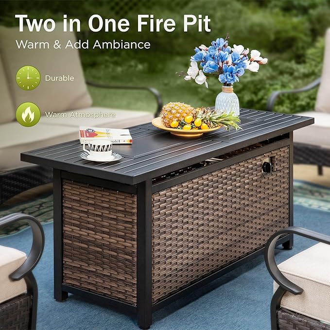 PHI VILLA Patio Furniture Set with 56" Fire Pit Table, Premium Outdoor Wicker Metal Frame Furniture with Upgraded Waterproof Thick Cushions for Porch, Poolside, Deck, and Yard（4 Pieces,Navy