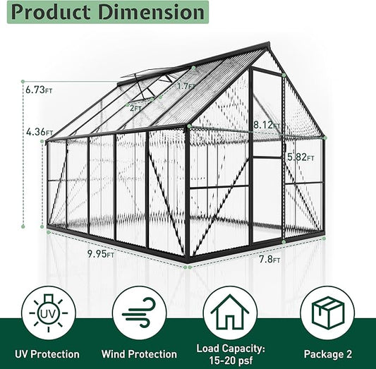 Jocisland 8x10Ft Polycarbonate Greenhouse, Heavy Duty Aluminum Frame with 2 Windows & Swing Doors, Outdoor Garden Greenhouses for Backyard, Black