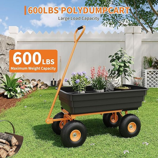 Heavy Duty Garden Dump Cart, 600LB Yard Utility Cart with All-Terrain Wheels & Quick-Release, Gardening Cart
