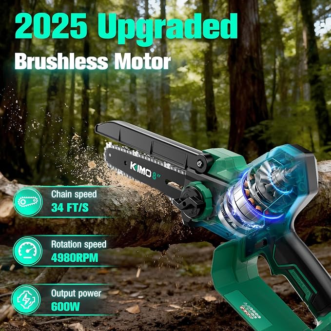 KIMO 8-INCH Mini Chainsaw Cordless, 4.0Ah Batteries & Fast Charger, 34 FT/S Powerful Cutting Handheld Chain Saw w/Auto Oiler, Brushless Battery Powered Chainsaw Electric for Dad Tree Trimming