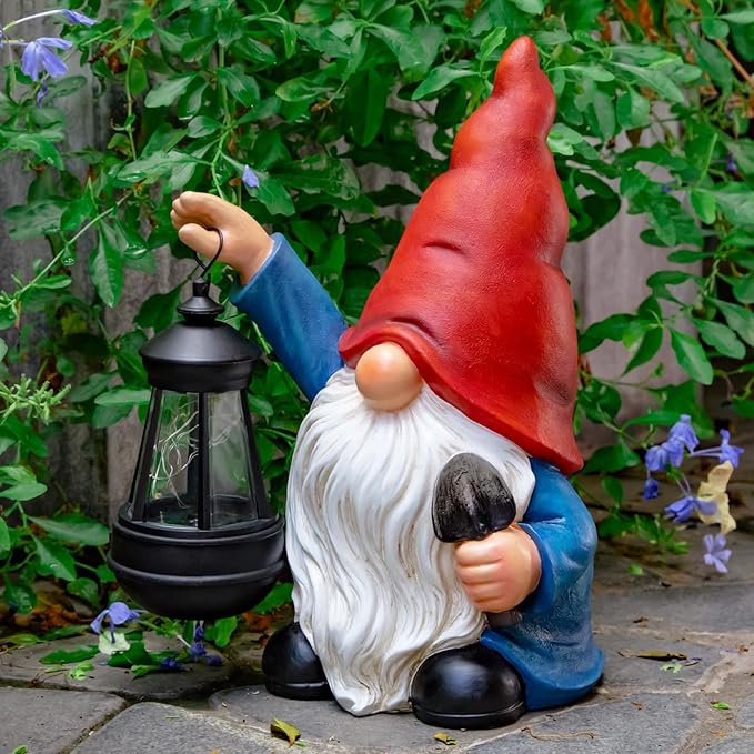WONDHOME Garden Gnomes Statues Outdoor Decor with Shovel Solar Gnome with Lantern LED Lights,Terrace Xmas Courtyard Lawn Patio Porch Decoration Birthday Christmas Housewarming Gift for Mom Women
