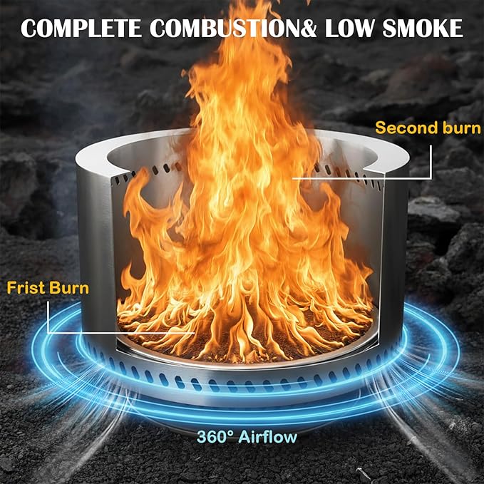 19.5 Inch Smokeless Fire Pit, VivaGarden Outdoor Wood Burning Fire Pit with Carry Bag, Stainless Steel Firepit for Camping, Backyard, Patio, Bonfire & Garden Gatherings (Silver)