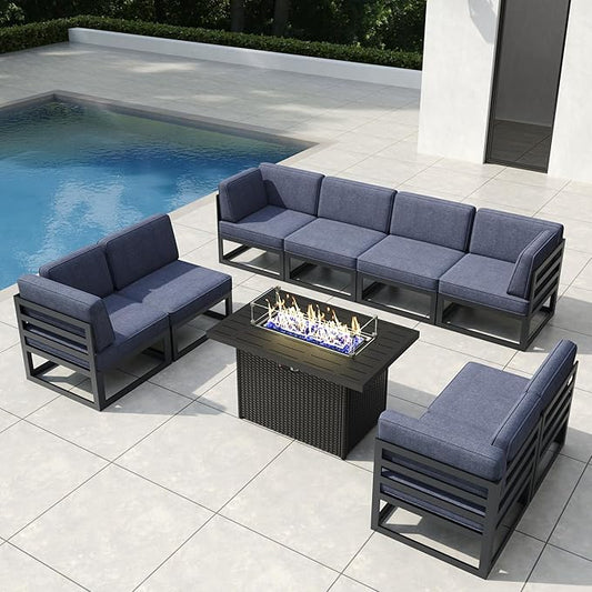 9 Pieces Aluminum Patio Furniture Set with Propane Gas 44" Fire Pit Table, Metal Outdoor Conversation Sofa Set with Seating Cushions