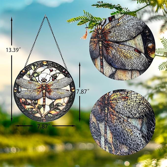 Stained Glass Sun Catcher,A Dragon-flyStained Glass Window Hanging Garden Decor,Sun Catchers Indoor Window,Whimsical Decoration for Home Backyard Patio Lawn Porch with 7.9 INCH