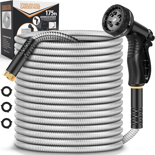 Garden Hose Metal 175FT, Stainless Steel Heavy Duty Water Hose With 10 Function Nozzle, No-Kink, Tough & Flexible, Sturdy and Lightweight, Rust Proof for Yard, Outdoor, RV