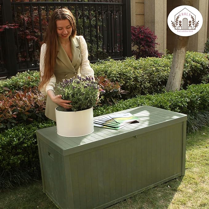 120 Gallon Outdoor Storage Box, Lockable Outside Storage Box Waterproof, Patio Cushions Deck Storage Boxes, Rattan Plastic Garden Hose Containers Resin Pool Storage Bins with lids, Sage Green