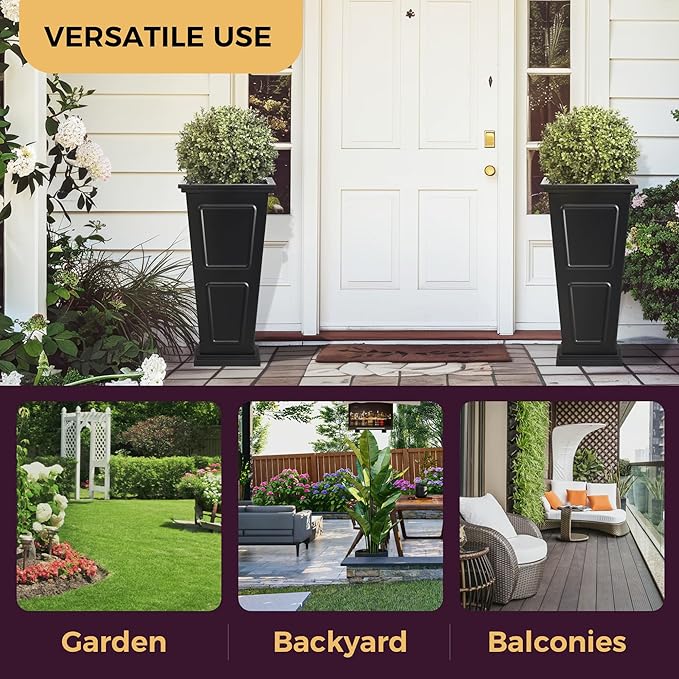 26" Tall Metallic Planter Set of 2, Black Taper Planters with Removable Partition Drainage Holes, Large Outdoor Planter for Front Porch, Garden, Patio, Balcony, Classic Estate Design, All-Weather Use