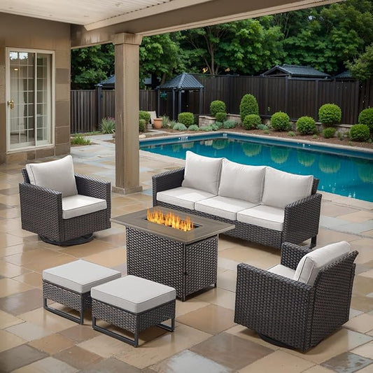 6 Piece Wicker Patio Furniture with Fire Pit Table - Outdoor Conversation Set with 50,000 BTU Fire Pit, All Weather Rattan Patio Set for Deck Backyard Garden - Brown Wicker Beige Cushion