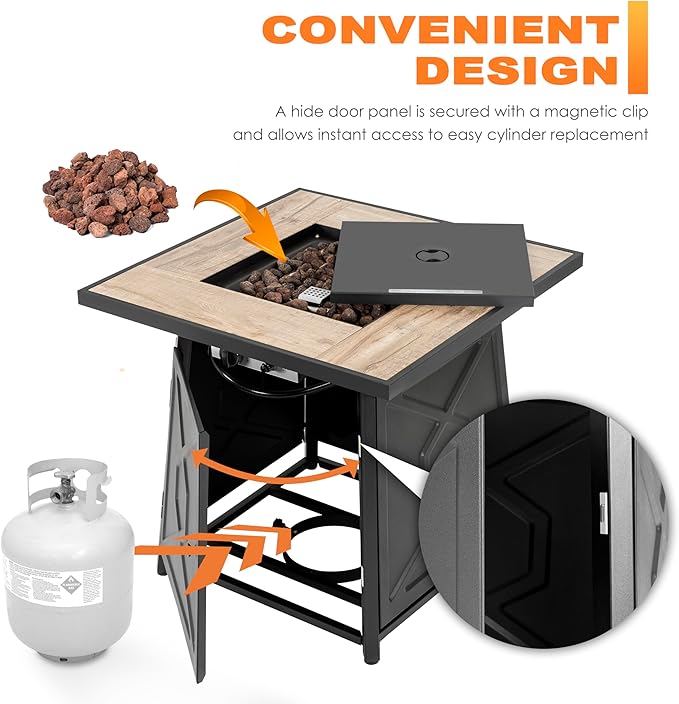 Nuu Garden 28 Inch Outdoor Propane Fire Pit Table, 50,000 BTU Square Gas Fire Table with Ceramic Tabletop, Lid, Cover, Lava Rock for Garden Backyard Party, Black