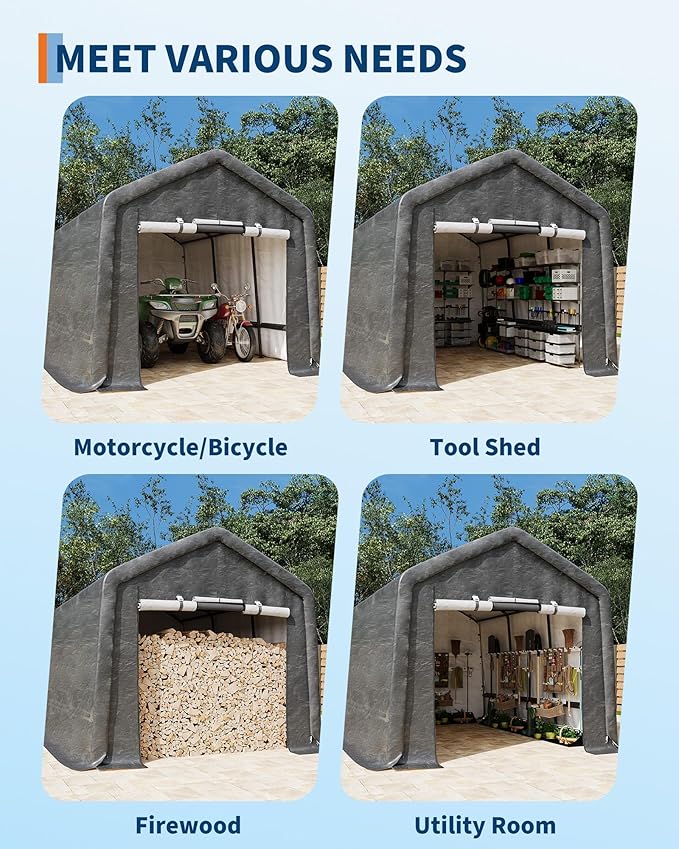 7X15 FT Heavy-Duty Portable Outdoor Storage Shed with Roll-Up Zipper Door & Vent, 240g Waterproof Carport Storage Shelter, UV-Resistant Canopy for Motorcycle, Firewood, Tools -Gray ﻿