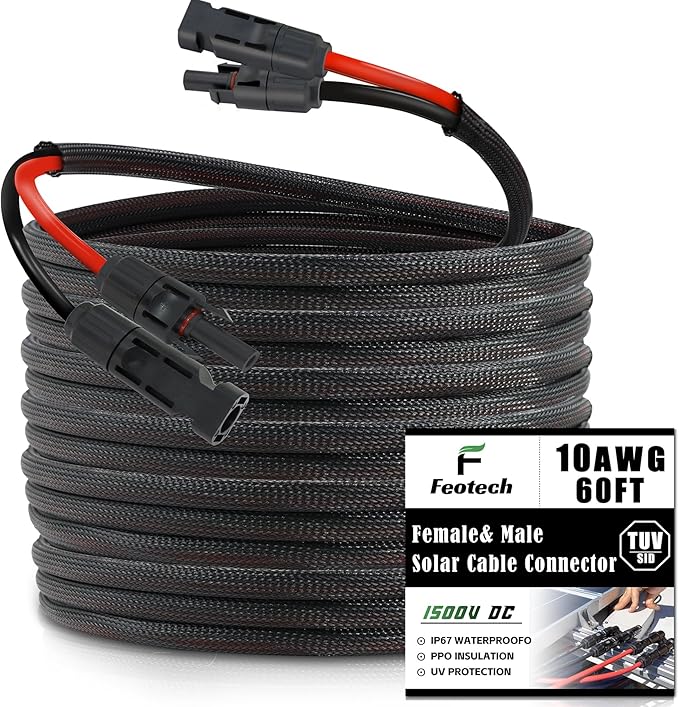 Twin Wire 60FT Solar Extension Cable - 10AWG (6mm²) Solar Panel Connector, with 6 Pairs-IP67-Male/Female Solar connectors for Outdoor Automotive RV Boat Marine Solar Panel- Black & Red