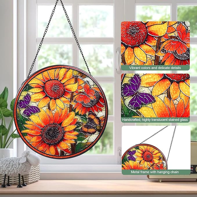 Wkyqes Sunflowers Handmade Stained Glass Window Hanging Suncatcher with Chain - 7.9" Outdoor/Indoor Art Decor for Home Garden, Wedding, Mother's, Valentine's & Christmas Ornaments Present