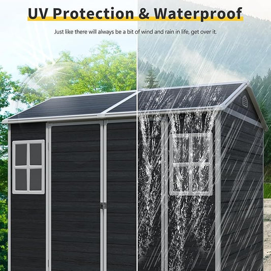 8x6 FT Outdoor Storage Shed, Resin Garden Shed with Thick Floor, Plastic Storage Shed with 2 Windows, Waterproof Outside Tool Shed with Lockable Hinged Doors for Backyard, Patio, Lawn, Black
