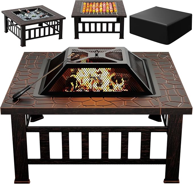 Greesum Multifunctional Patio Fire Pit Table, 32in Square Metal BBQ Firepit Stove Backyard Garden Fireplace with Spark Screen Lid and Rain Cover for Camping, Bonfire and Picnic, Reddish Brown