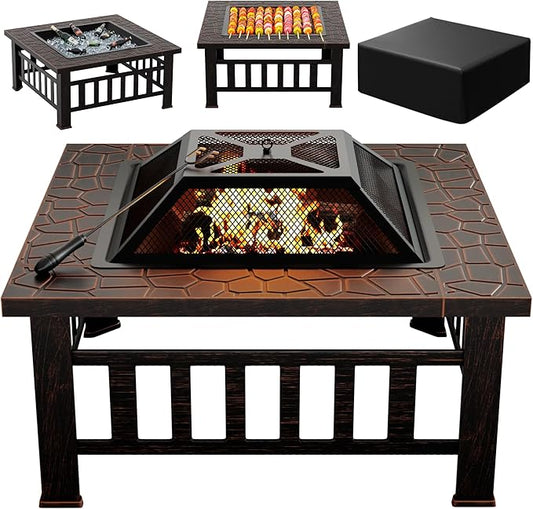 Greesum Multifunctional Patio Fire Pit Table, 32in Square Metal BBQ Firepit Stove Backyard Garden Fireplace with Spark Screen Lid and Rain Cover for Camping, Bonfire and Picnic, Reddish Brown