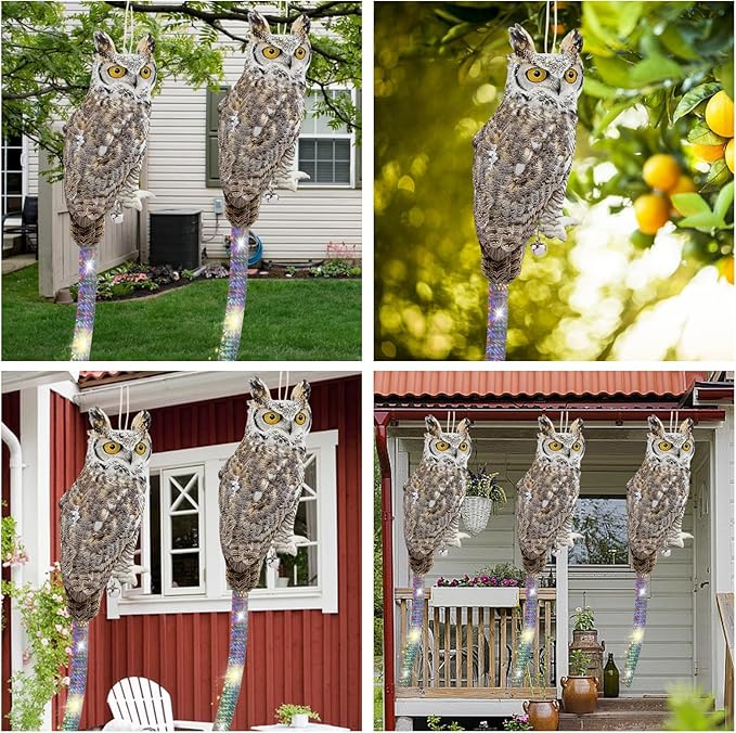 4PCS Reflective Owl Scarer Devices Plastic Owl Hanging Decoration Woodpecker Control Device with Reflective Tape for Garden Patio Pool