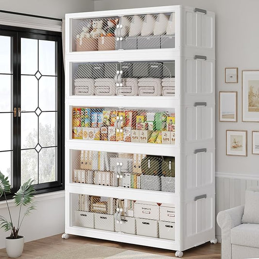 600QT Plastic Stackable Storage Bins with Lid, 150GAL Extra Large Collapsible Box with Wheels Clear Door, Foldable Closet Organizer Container Cabinet Drawer for Home Kitchen，5Pack, White