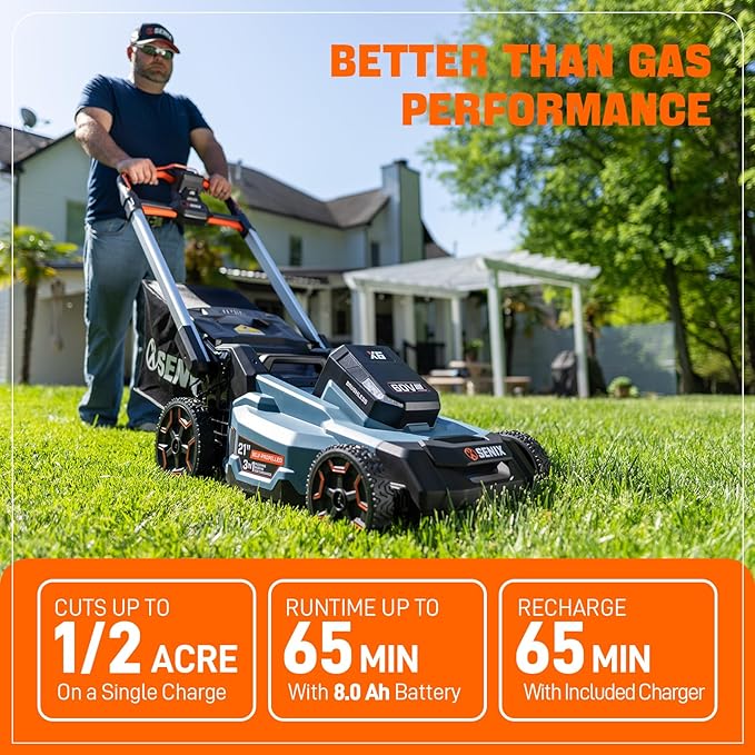 SENIX X6 60 Volt Max* 21-Inch 3-in-1 Cordless Push Lawn Mower,Self-Propelled,with Bagging,Mulching,Side Discharge,Height Adjustment,Smart Display,8Ah Lithium-ion Battery&Charger Included (LPSX6-H)