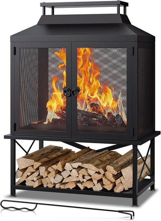 Fire Pits for Outside Wood Burning - 39" H Square Metal Outdoor Chiminea Fireplace with Grill, Mesh Spark Screen & Fire Poker, Ideal for Garden, Backyard, Patio, Party, Camping, Picnic, BBQ, Bonfire
