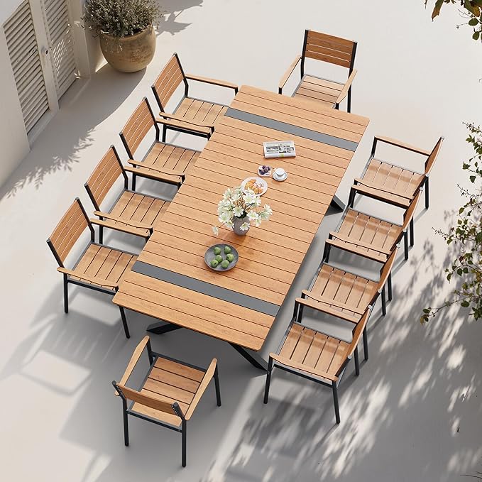 Pellebant 94" Outdoor Dining Table for 6-10, Aluminum Patio Dining Table with Umbrella Hole, Waterproof Wood-Like Tabletop for Lawn Garden Backyard, Brown