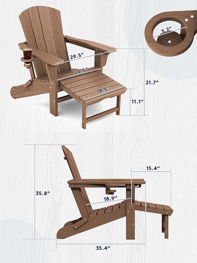 KINGYES Folding Adjustable Adirondack Chair with Retractable Ottoman Set of 6, HDPE All Weather Chair with Cup Holder - Versatile Adirondack Chair, Brown