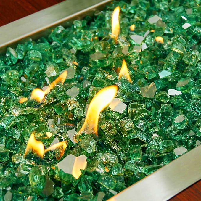 GRISUN 20 lbs Green Fire Glass for Fire Pit, 1/2 Inch High Luster Reflective Fire Pit Glass for Natural or Propane Fireplace, Fire Table, Safe for Outdoors and Indoors Tempered Glass Rocks