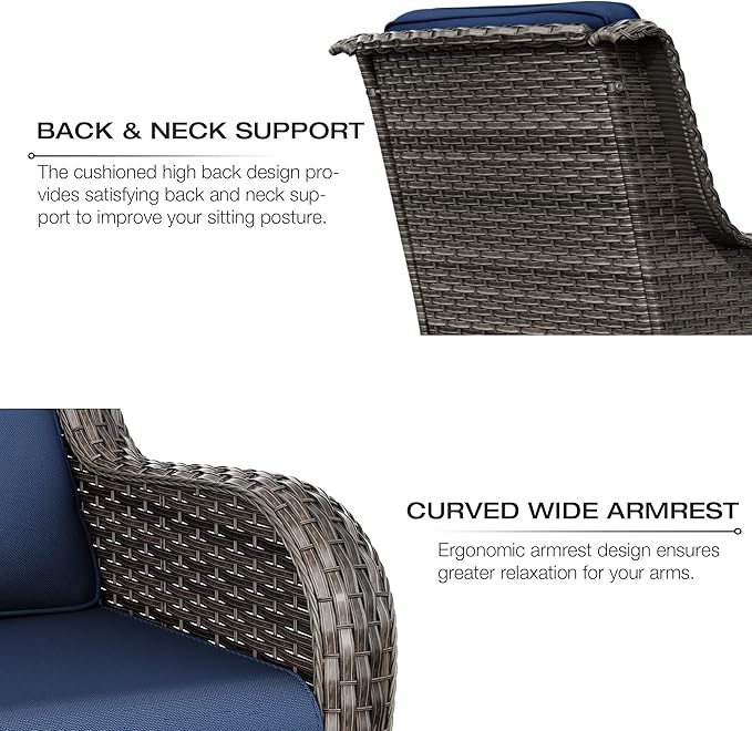 Joyside Wicker Patio Furniture Sets 7 Piece Set with One 3-Seat Sofa, Four Armchairs, Two Ottomans, Wicker Outdoor Furniture Sectional Conversation Set(Mixed Grey/Blue)