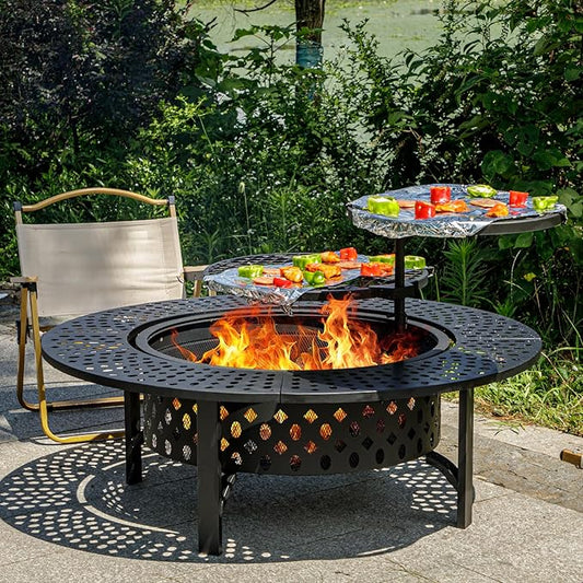 47 Inch Fire Pit with 2 Grills, Wood Burning Fire Pits for Outside with Lid & Poker, BBQ& Outdoor Firepit & Round Metal Table 3 in 1 for Patio, Picnic, Party