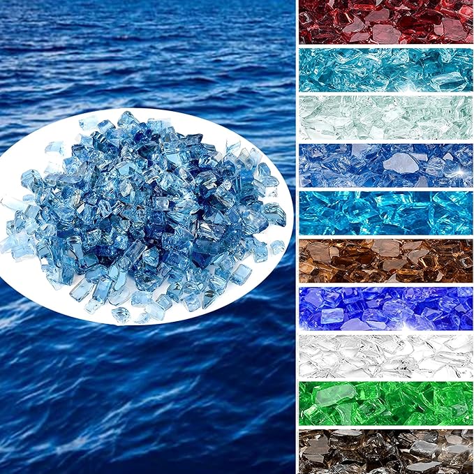 onlyfire 10 pounds Fire Glass for Propane Gas Fire Pit, 1/2-Inch High Luster Fireplace Glass Rocks for Fire Pit Table, Pacific Blue