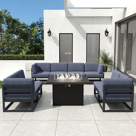 9 Pieces Aluminum Patio Furniture Set with Propane Gas 44" Fire Pit Table, Metal Outdoor Conversation Sofa Set with Seating Cushions