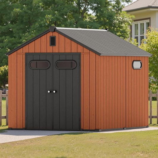 CRESTLIVE 8x10 FT Rust-Resistant Plastic Outdoor Storage Shed, Waterproof Resin Garden Shed with Floor, Doors, Skylight & Vent for Lawn Tools & Bikes