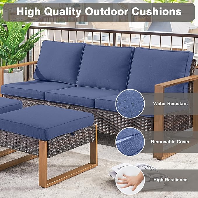 Belord 5 Piece Outdoor Wicker Patio Conversation Furniture Set Deep Seating, Metal Wide Armrests Patio Sofa Set with Rattan Chairs Ottomans for Porch Deck Sunroom Backyard