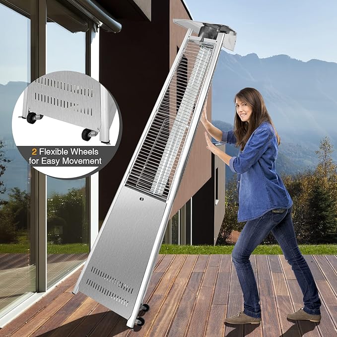 Tangkula Patio Propane Heater, 42,000 BTU Pyramid Outdoor Heater with Tip-Over and Flameout Protection, Quartz Glass Tube, Wheels