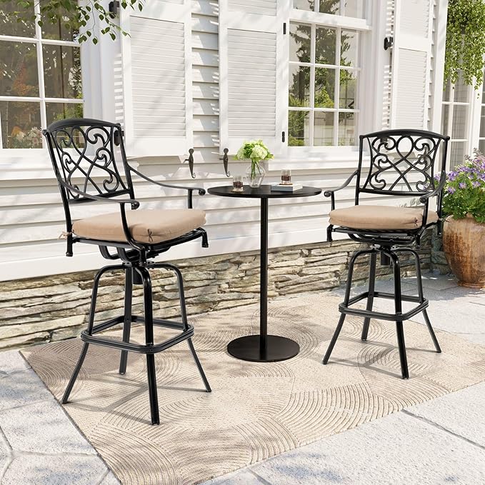 Crestlive Products Outdoor Bar Stools with Sunbrella Cushion Set of 2, 360° Swivel Patio Bar Height Chairs, All Weather Heavy Duty Commercial Grade Furniture, Antique Brown Finish for Outside (Beige)