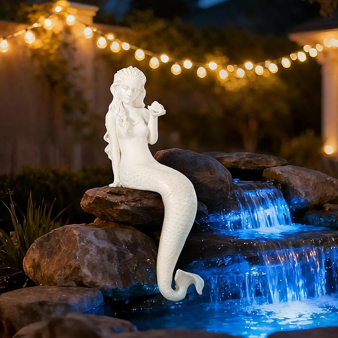 Ultym Mermaid Statue Outdoor, Large 25.6 Inch Garden Sculpture Figurines for Lawn and Patio Decor, Durable MGO Stone Yard Art with Weatherproof Finish for Indoor Decor Christmas Gift Antique White