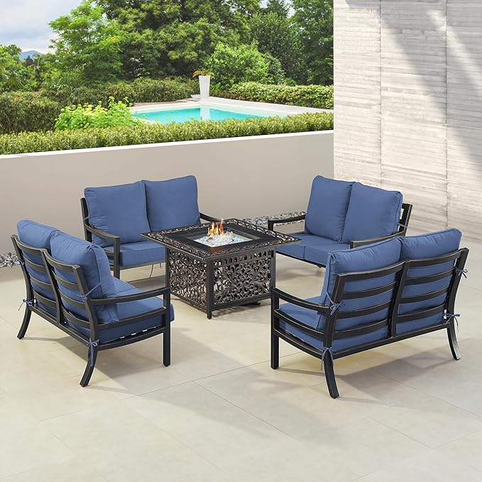 Oakland Living Black Aluminum Patio Fire Table Set with Four Deep Seating Loveseat with Cushions with Blue Cushions
