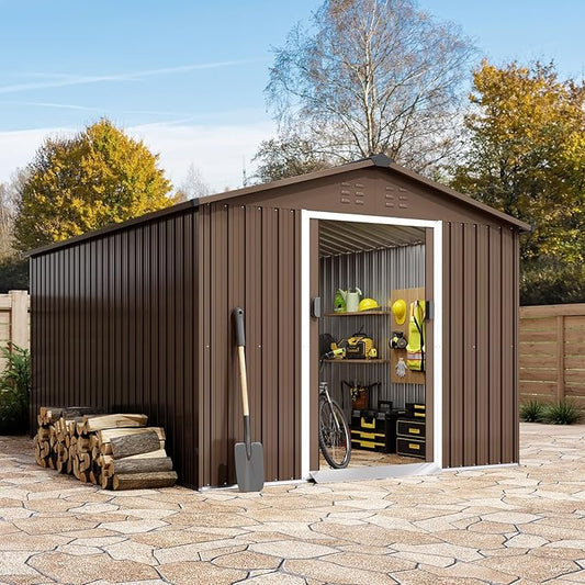 8X15 FT Metal Outdoor Storage Shed, Large Galvanized Steel Garden Tool Shed with Lockable Double Doors & Ventilation - Weatherproof Shelter for Bicycles, Lawn Mowers, Tools in Backyard