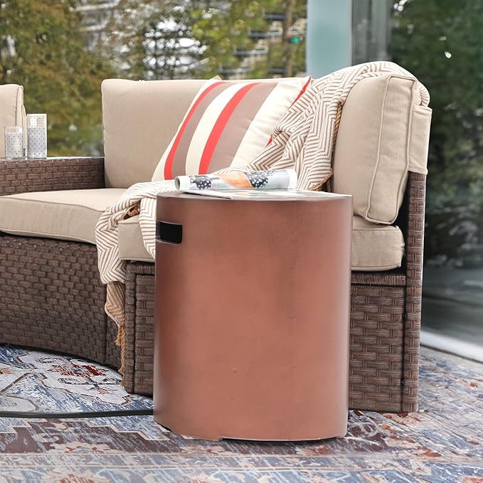 SUNSIT Propane Tank Cover Table, 20 lb Tank Holder, Concrete Storage Box with Handles, Round Hideaway Table for Gas Fire Pit, Bronze