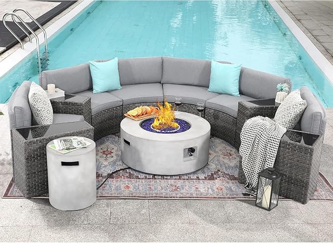 SUNSIT Propane Tank Cover Table, 20 lb Tank Holder, Concrete Storage Box with Handles, Round Hideaway Table for Gas Fire Pit, Grey